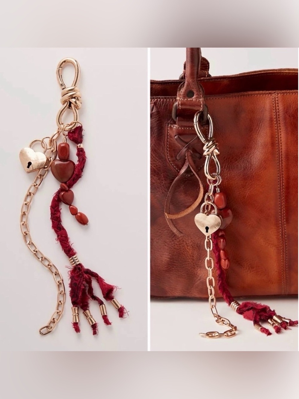 NWT Free People Semi Precious Charmed Strand Bag Charm Heart Lock Gold Red 12 in